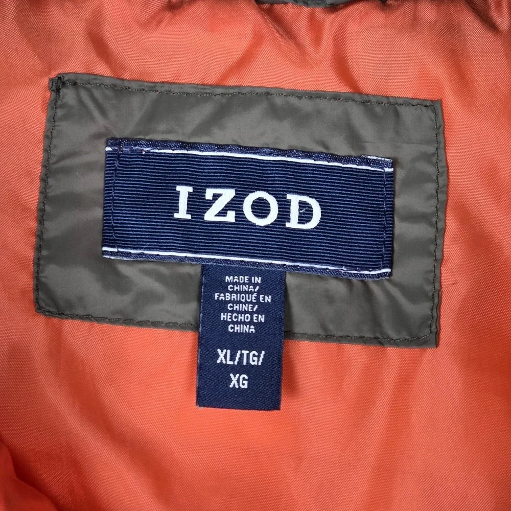 IZOD Mens Puffer Vest Olive Green Orange Lining Full Zip Quilted XL 261137